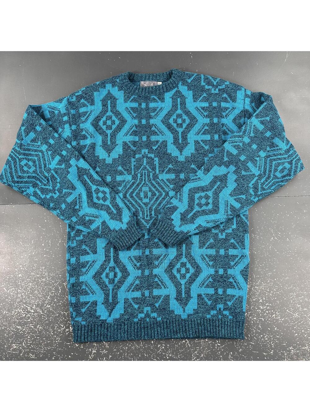 VTG Le Tigre Sweater Mens MT Turquoise Geometric Aztec Ugly Cottage USA 90's
